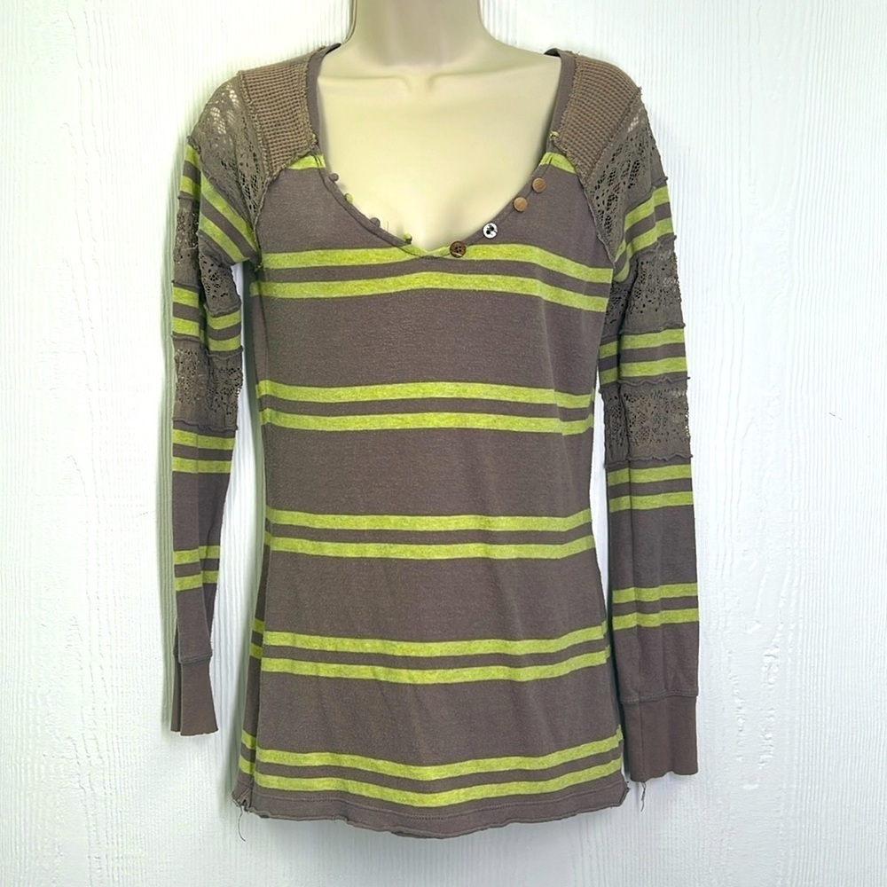 Free People  - Beige Lime Colored Stripe Lace Button Long Sleeve Henley Top XS